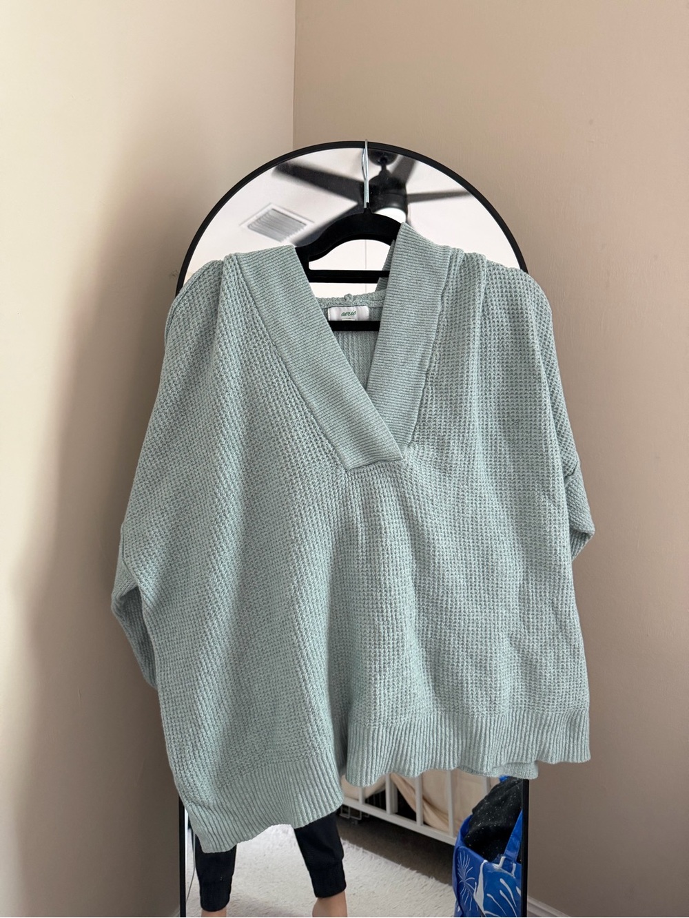 aerie Oversized V-Neck Waffle Knit Sweater in Sage Green